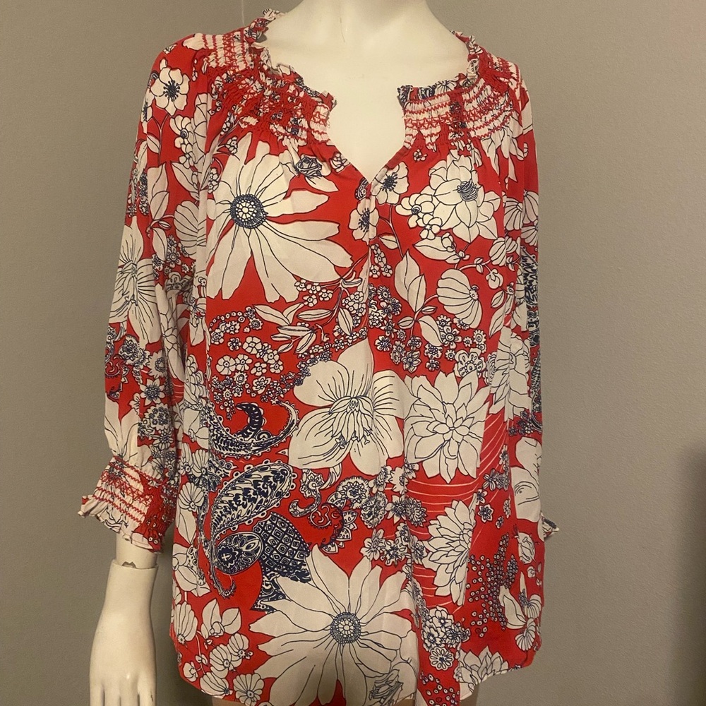 Talbots Red and White Floral Blouse